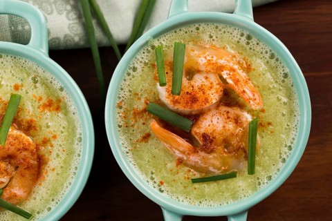 Cold cucumber soup with herbs and shrimps