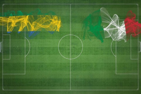 Gabon vs Italy Soccer Match, national colors, national flags, soccer field, football game,