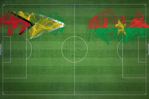 Guyana vs Burkina Faso Soccer Match, national colors, national flags, soccer field, football game,