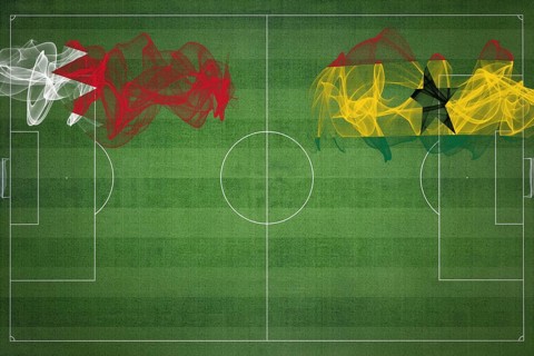 Bahrain vs Ghana Soccer Match, national colors, national flags, soccer field, football game,