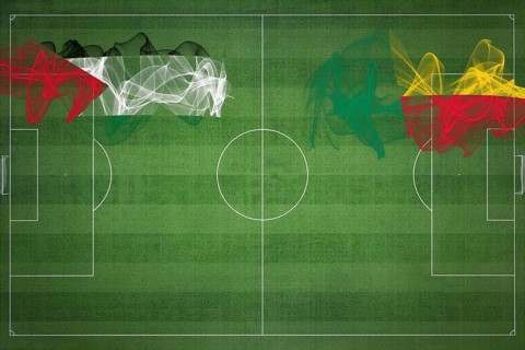 Palestine vs Benin Soccer Match, national colors, national flags, soccer field, football game,