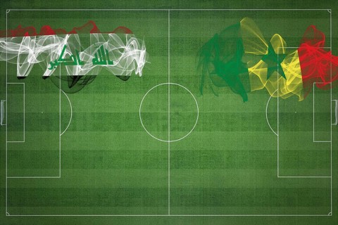 Iraq vs Senegal Soccer Match, national colors, national flags, soccer field, football game,