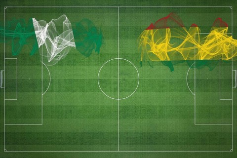 Nigeria vs Bolivia Soccer Match, national colors, national flags, soccer field, football game,