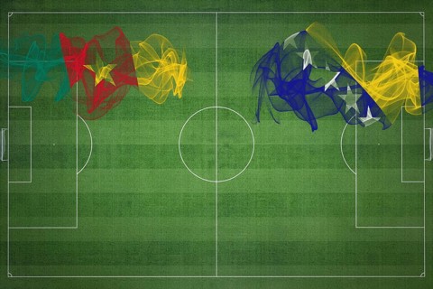 Cameroon vs Bosnia and Herzegovina Soccer Match, national colors, national flags, soccer field,