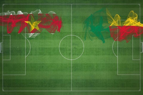 Suriname vs Benin Soccer Match, national colors, national flags, soccer field, football game,