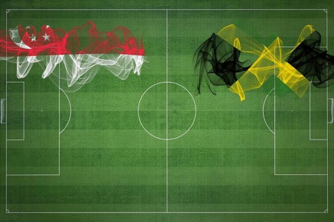 Singapore vs Jamaica Soccer Match, national colors, national flags, soccer field, football game,