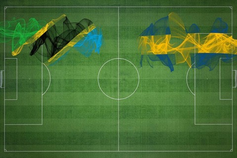 Tanzania vs Sweden Soccer Match, national colors, national flags, soccer field, football game,