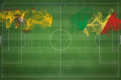 Spain vs Congo Soccer Match, national colors, national flags, soccer field, football game,