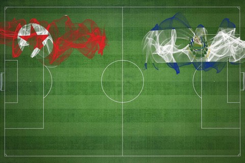 North Korea vs El Salvador Soccer Match, national colors, national flags, soccer field, football