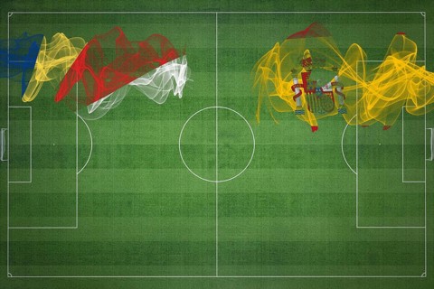 Seychelles vs Spain Soccer Match, national colors, national flags, soccer field, football game,
