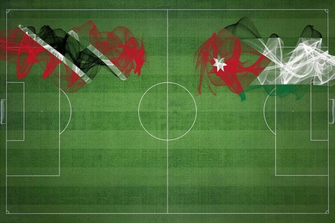 Trinidad and Tobago vs Jordan Soccer Match, national colors, national flags, soccer field, football
