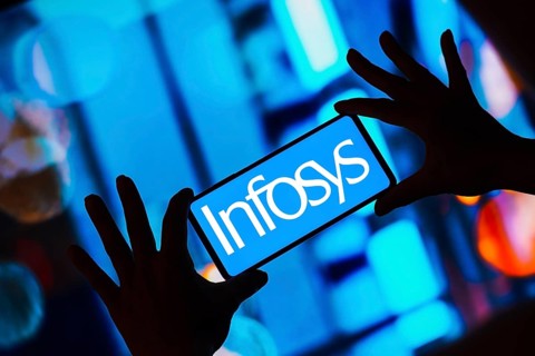 In this photo illustration, the Infosys Limited logo is displayed on a smartphone screen