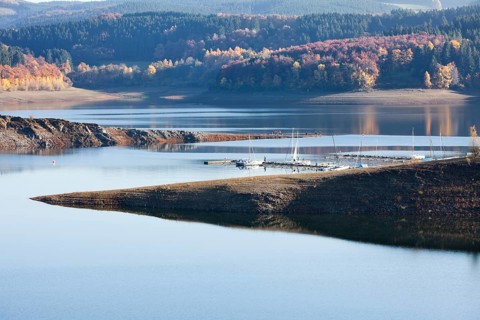 Sailing boats at the Marina, Biggetalsperre reservoir, Attendorn, North Rhine-Westphalia, Germany,