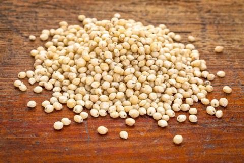 A pile of gluten free white sorghum grain on a grunge wood