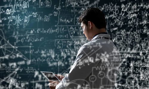Scientist's work with formulas. Innovation in technology