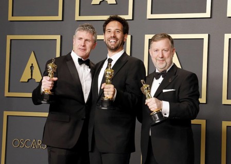 Guillaume Rocheron, Dominic Tuohy and Greg Butler at the 92nd Academy Awards, Press Room held at