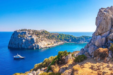 Anthony Quinn Bay with turquoise clear water in Faliraki on Rhodes Greece