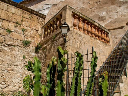 Stone staircase and lantern on an old stone wall, surrounded by green plants and cacti, palma de