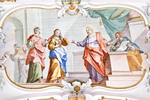 An image of a beautiful religious fresco inside the Wieskirche in Germany Bavaria