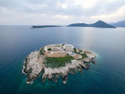 Fortress Mamula on the island of Lastavica in the sea. Montenegro. Drone.