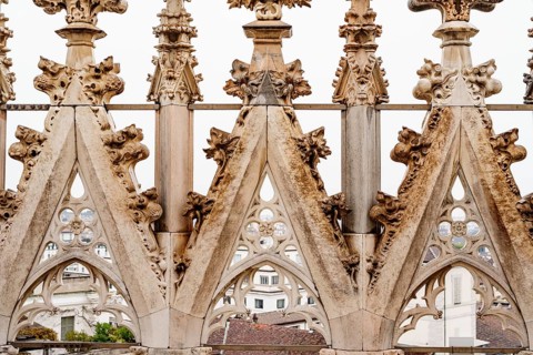 Marble patterns on the spires on the roof of the Duomo. Milan, Italy.