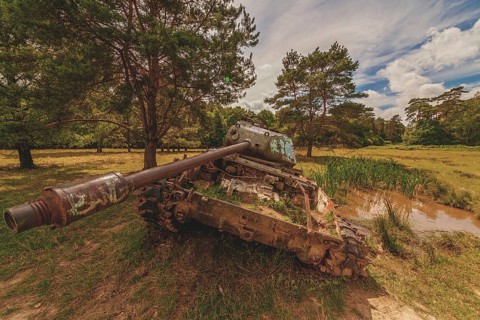 Abandoned tank in a meadow under a cloudy sky, surrounded by trees and grass, sprayed with