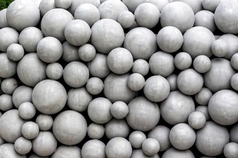 Spheres as a work of art in front of the new music theatre in Linz, Austria Austria