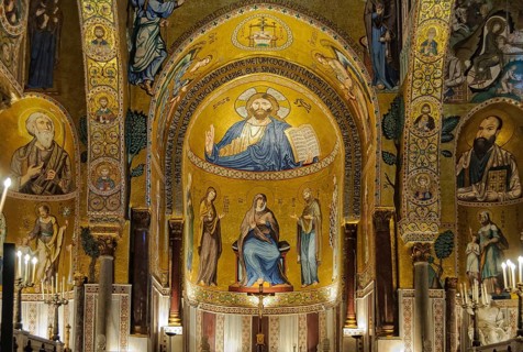Medieval Byzantine style mosaic of Christ Pantocrator above the altar of the Palatine Chapel