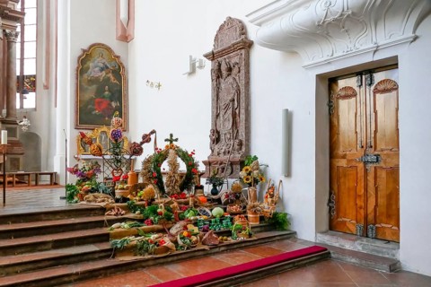 Harvest festival decoration in the collegiate church of St Peter and St John the Baptist,