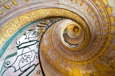 Melk, Austria, 22 September, 2022: view of the multi-storey circular staircase leading from the