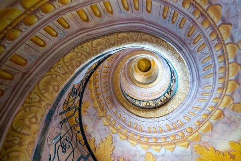 Melk, Auistria, 22 September, 2022: view of the multi-storey circular staircase leading from the