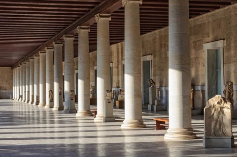 Columns inside the Stoa of Attalos, a covered walkway or portico, in the Agora, Athens, Greece,
