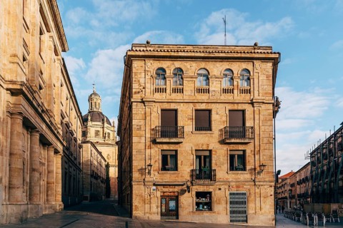 Salamanca, Spain, January 15, 2022: Cityscape of the old town of Salamanca with the church of La