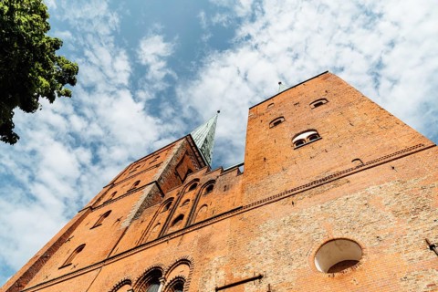 Low angle view of the towers of the Cathedral of Lubeck, Germany, Europe