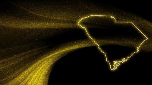 Map of South Carolina, Gold glitter map on dark background