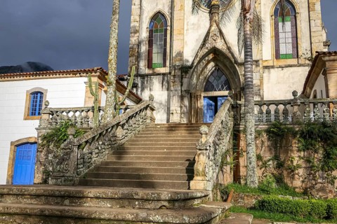 View to entrance stairway of church in sunlight, Sanctuary Caraca, Minas Gerais, Brazil, South