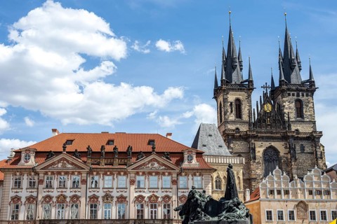 The Teyn Church and other beautiful old buildings on the Old Town Square in Prague, Czech Republic,