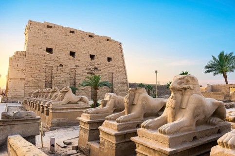Facade of Karnak Temple at sunny sunrise in Luxor, Egypt, Africa