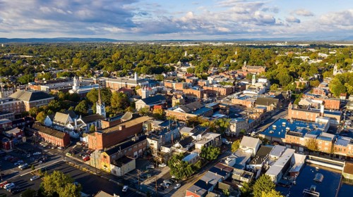 It's partly cloudy over the roads and architecture in Pennsylvania at Carlisle