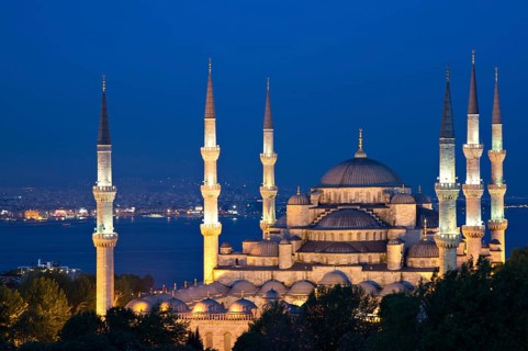 Illuminated Sultan Ahmed Mosque at dusk, Istanbul, Turkey Istanbul, Turkey, Asia