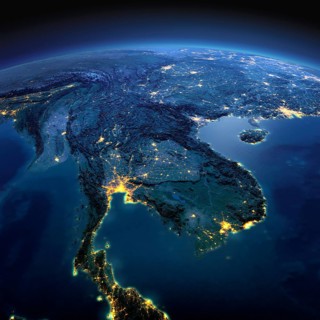 Night planet Earth with precise detailed relief and city lights illuminated by moonlight. Indochina