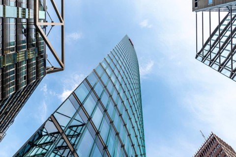 Berlin, Germany, July 28, 2019: Low angle view of the Sony Center. It is a Sony-sponsored building