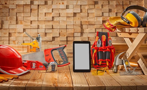 Construction Carpenters Tools Set On Wooden Background Smartphone Screen Mock Up
