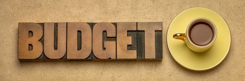 Budget word in vintage letterpress wood type block against textured bark paper with a cup of