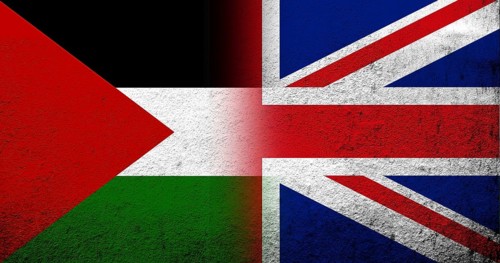 Flag of Palestine and National flag of United Kingdom. Grunge background