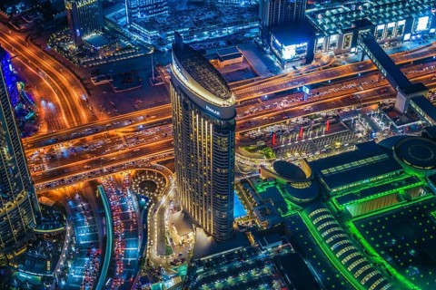 Dubai night view seen from the observation deck of Burj Khalifa. Shooting Location: Dubai