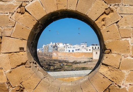 Famous view of medina Essaouira through a hole in the wall of the fortress, Morocco, Africa
