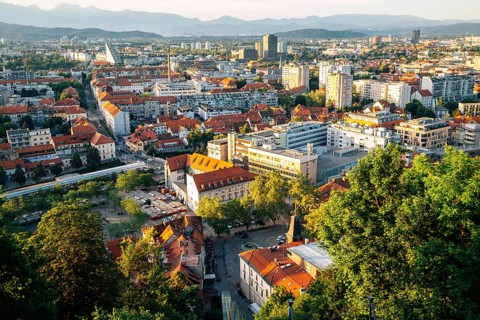 Panoramic view of Ljubljana city from Ljubljana Castle in Slovenia