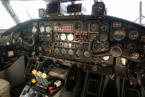Flight desk control panel on an airplane designed for aerial cartography, reconnaissance and