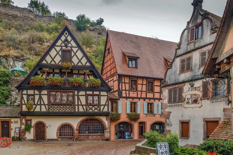 Street with historical half-timbered houses in Kaysersberg, Alsace, France, Europe